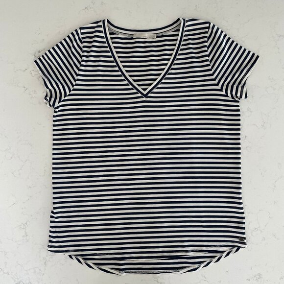 Monk & Lou SS V Neck Striped T Shirt Top Cotton Spandex Blue Wht Sz M/L - Picture 1 of 10